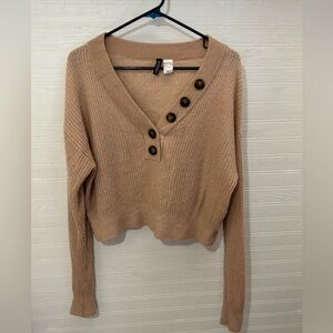 Women's Pink V neck Sweater with Button Detail